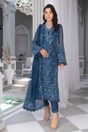 Royal Blue - Embroidered Chiffon Unstitched 3Pc Suit